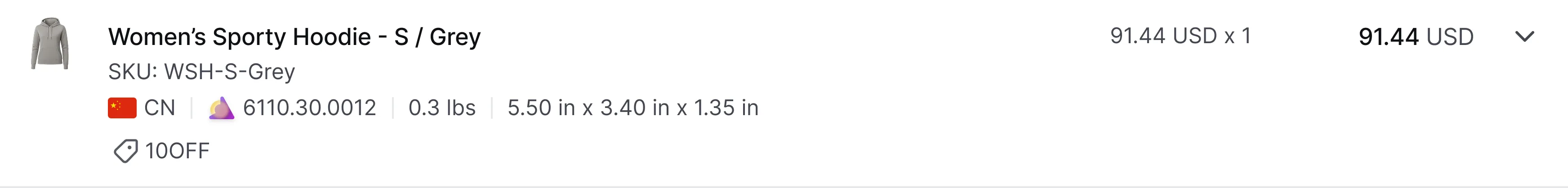 Item details showing product information, country of origin, HS code, and pricing