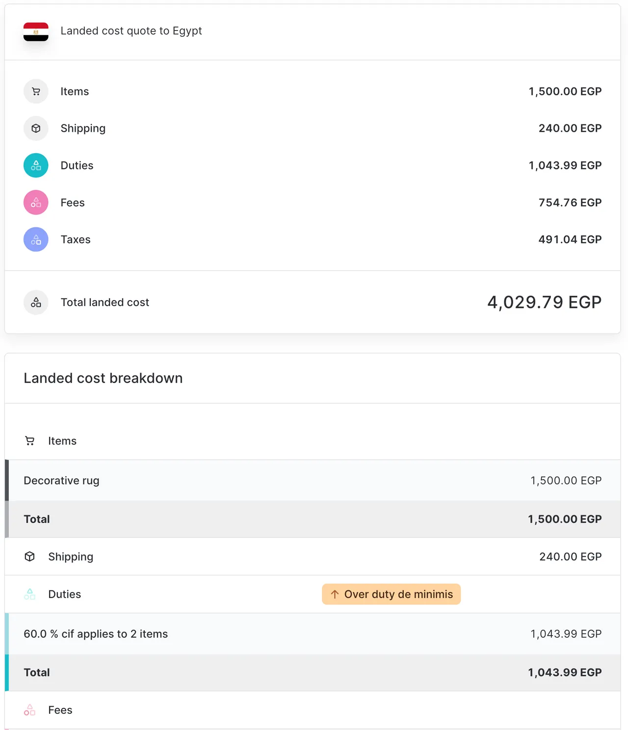 Example landed cost quote for a shipment to
Egypt